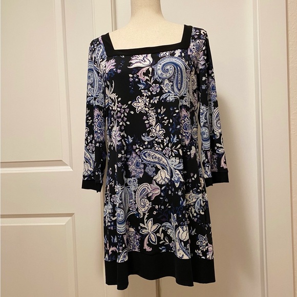 WHBM Paisley Shift Dress Black Blue Lilac White Mini Midi Knee Career Office Lrg - Picture 8 of 14